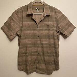 Voyager Men's Beige Tan Striped Short Sleeve Woven Button Up Shirt Sz Large